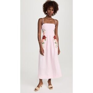 Fanm Mon Pink Midi Dress with Red Floral Embroidery